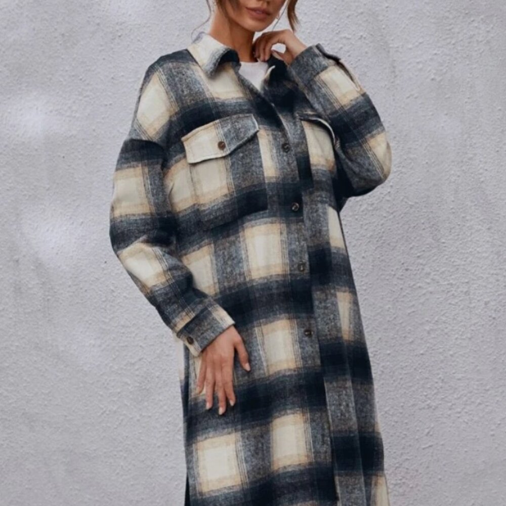 Plaid Flap Detail Drop Shoulder Wool-Mix Coat